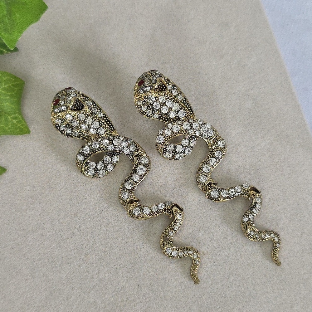 Vintage Statement Gold Articulated Cobra Snake Dangle Earrings
